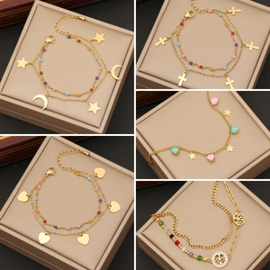 Stainless Steel Double Layer Bracelet For Women With Enamel Heart Star Moon Cross Tree Of Life Charms And Colorful Beads