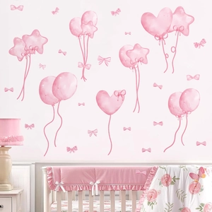 Pink watercolor balloon and bow wall decals set for a cozy nursery room decoration