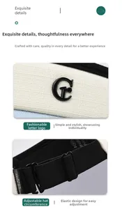 Detail of white woven fabric with black metal G logo and adjustable elastic strap