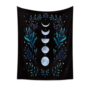Bohemian moon phase tapestry with floral patterns on black fabric for wall decor