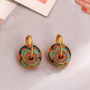 Traditional Chinese style lotus petal earrings with colorful enamel and golden hooks