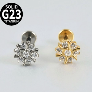 G23 Titanium Snowflake Flower Labret Stud Internally Threaded Zircon Cartilage Earring Flat Back Body Jewelry Piercing