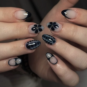 Retro Floral Press On Nails Short Almond French Style Deep Blue Milky White Plastic False Nails For Women