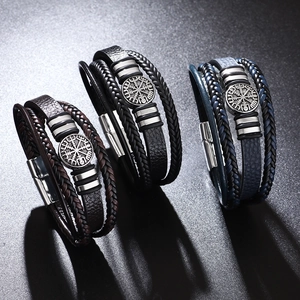 Mens multi-layer braided leather bracelet with Viking compass metal charm in three colors