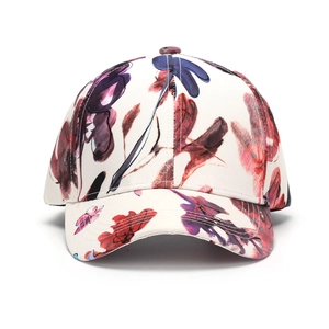 Floral print baseball cap with watercolor butterfly patterns on off-white cotton fabric