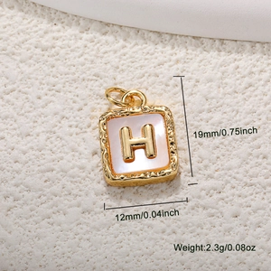 Gold-plated square H pendant with white pearl shell inlay and precise dimensions