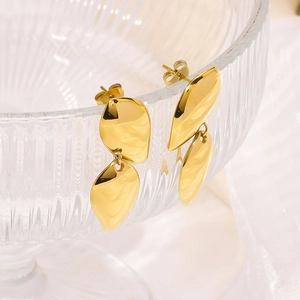 Polished 18k gold plated double layer stainless steel geometric drop earrings for women