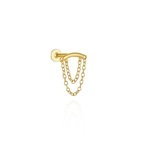 Close-up of gold S925 silver ear stud with elegant tassel chain and minimalist screw back