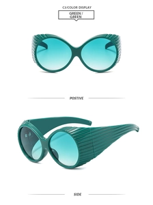 Front and side macro views of dark green Y2K style oversized round frame sunglasses