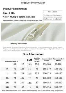 Size chart for winter cotton jacket with detailed measurements from size S to 3XL
