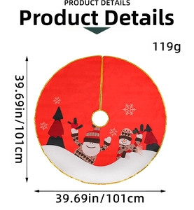 Detail showing red Christmas tree skirt with snowman prints and 101cm diameter size