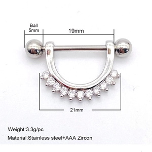 U-shaped stainless steel nipple ring set with sparkling AAA zircon stones and 5mm balls