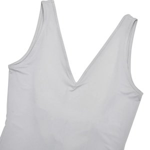 Detail of light gray sleeveless deep V-neck top in smooth elastic premium fabric