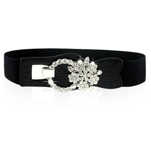 Elastic black waist belt with sparkling rhinestone leaf buckle and crocodile pattern leather