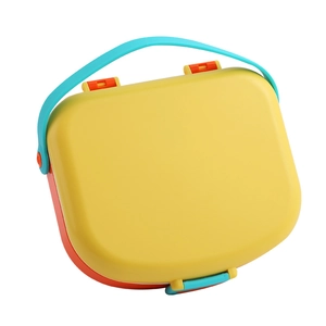 Portable divided lunch box with orange and blue contrasting colors and a sturdy handle