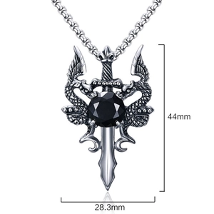 Gothic silver dragon sword necklace with black gemstone and dimensions 44mm by 28.3mm
