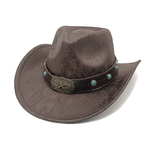 Western Cowboy Hut Vintage Kunstleder Textur Breite Krempe Distressed Retro Fedora Mit Türkis Perlen Und Metall Stern Schnalle