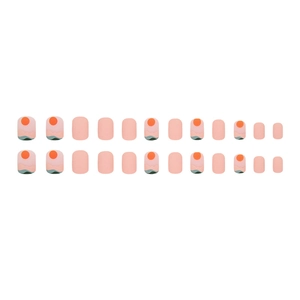 Short square press-on nails featuring minimalist sunset landscape art in soft pink hues