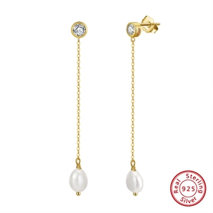 S925 sterling silver earrings with long chains, natural pearls, and shiny 4A zircon studs
