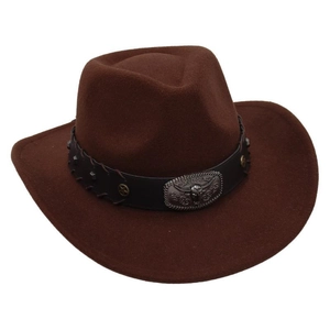 Detail of western cowboy hat with leather band and embossed bull head metal buckle