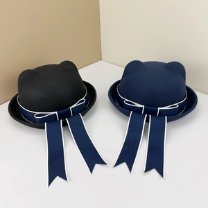 Japanese JK style cat ear wool felt bowler hat with elegant blue bow ribbon streamers