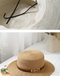 Detail of adjustable inner strap and premium woven texture of khaki boater hat