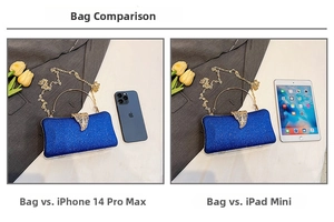 Royal blue glitter evening clutch size comparison with iPhone 14 Pro Max and iPad mini