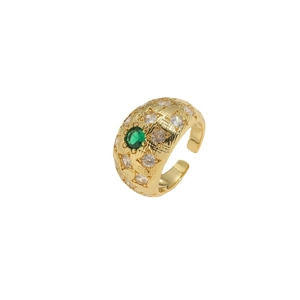Vintage gold open ring with cross texture and green gemstone center for women