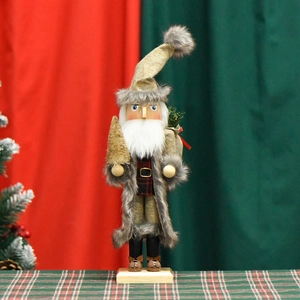 Casse-Noisette Père Noël Ornement En Bois Peint À La Main Lin Fausse Fourrure Figurine Debout Décor De Table Noël