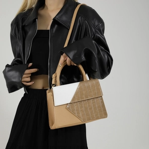 Chic two-tone crossbody square bag in camel and white faux leather with crocodile texture