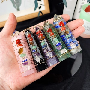 Set of 5 natural crystal hex columns wrapped in wire with colorful chips for decor