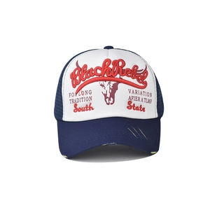 Detail of a navy and white trucker hat featuring high-quality Black Rebel embroidery