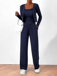Cardigan Tricoté Manches Longues Camisole Gilet Et Pantalon Large Taille Haute Femme Couleur Unie Loungewear