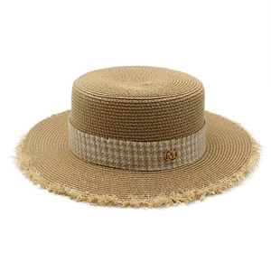 Flat top raffia straw sun hat with plaid ribbon and gold M metal buckle for women