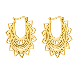 Bohemian gold-tone hollow floral heart hoop earrings with retro geometric design