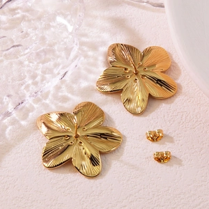 Elegant gold titanium steel five-petal flower stud earrings with textured petal details