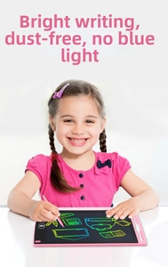 Pink LCD writing tablet for kids featuring a clear stylus and colorful school drawings