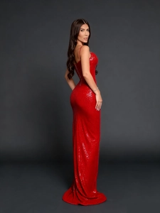 Elegant red sequin evening gown with high slit and slim fit for formal occasions