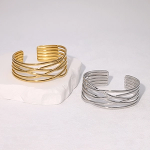 Bracelet manchette multicouche entrelacé en acier inoxydable doré et argenté
