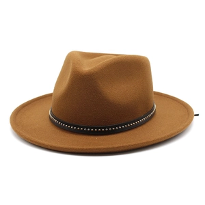 Brown wool fedora hat with a black studded band in a classic mid-century style