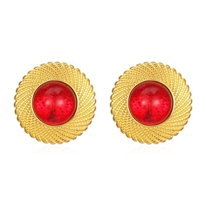 Retro round 18K gold plated stainless steel earrings with red center gemstones