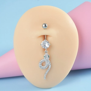 Silver snake belly button ring with green zircon eyes and cubic zirconia dangles