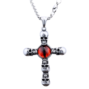 Gothic stainless steel skull cross pendant with a red cat eye stone center and chain