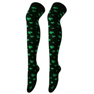 Detail of St. Patrick's Day over-knee socks featuring green clover prints on black fabric