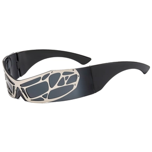 Y2K futuristic wrap-around sunglasses with black frame and silver mesh metal detail
