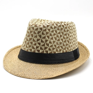 Men's summer straw fedora hat with black ribbon band and textured paper weave