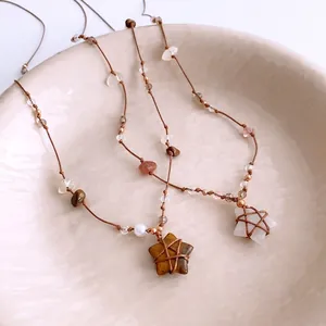 Star Pendant Necklace With Natural Stone Beads And Hand Woven Cord Bohemian Style Jewelry For Women