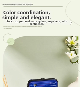 Macro shot of dark blue glossy hard shell mini suitcase makeup bag with FY logo
