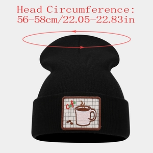 Black knit beanie with Cafe embroidery patch, fits head size 56-58cm for winter warmth