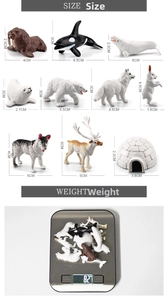 Detailed size and weight chart for miniature arctic animal models and igloo figurine set